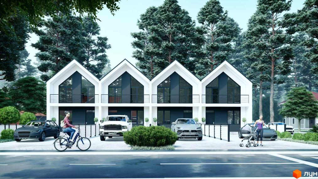 Таунхауси VillSam Home: ряд білих будинків з гострими дахами, великими вікнами та балконами, оточених високими соснами та зеленими насадженнями.