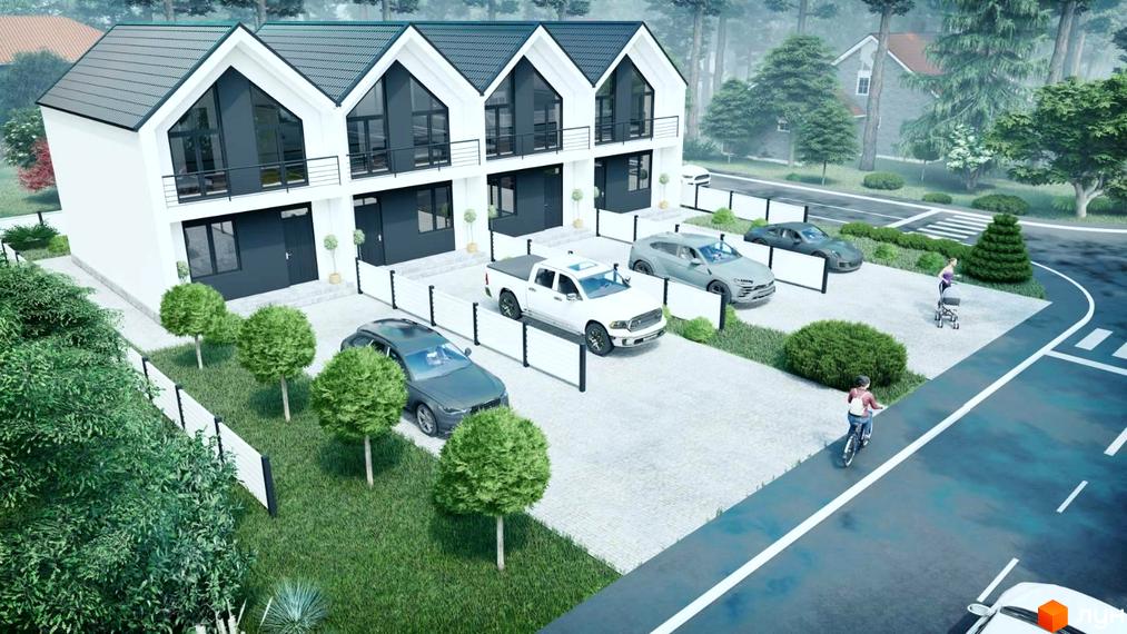 Таунхауси VillSam Home з білими стінами, темними дахами та балконами. На прибудинковій території є паркувальні місця, зелені газони та дерева.