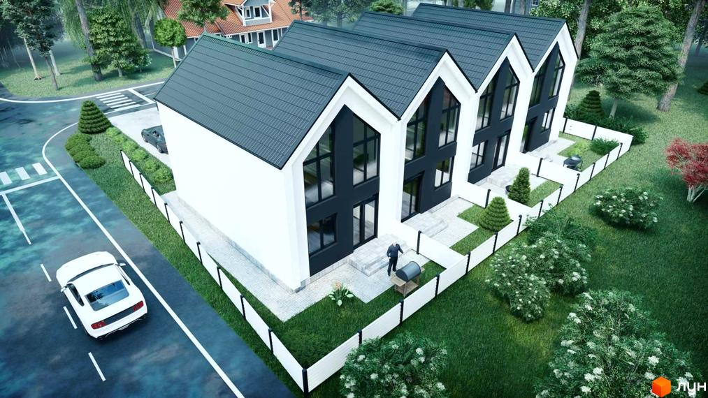 Ряд таунхаусів VillSam Home з білими фасадами, темними дахами та великими вікнами. Прибудинкова територія має доглянуті газони, огорожі та дерева.