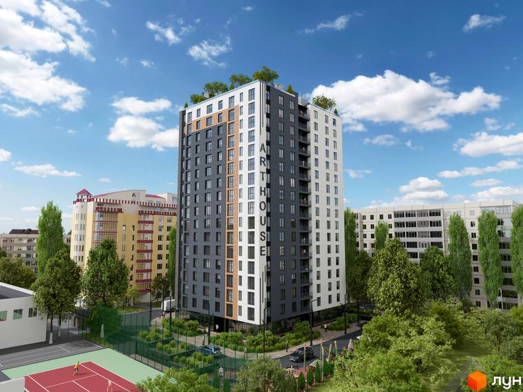 Житловий комплекс ART HOUSE з багатоповерховим фасадом сірого та білого кольорів, з озелененням на даху. Поруч є зелені зони та тенісний корт.
