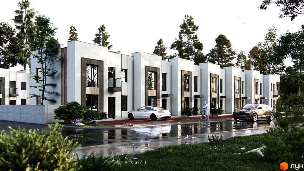 Котеджне містечко Holland Park: білі будинки з темними акцентами та великими вікнами. Поруч зелені дерева, дорога та автомобілі.