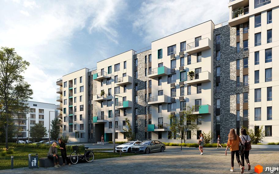 Зображення фасаду та прибудинкової території Житлового комплексу Well Home. На передньому плані пішохідна зона з лавками та деревами.