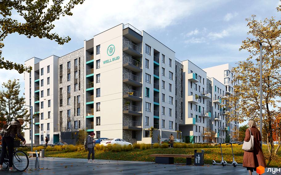 Зображення фасаду та прибудинкової території Житлового комплексу Well Home. На передньому плані пішохідна зона з лавками та деревами.