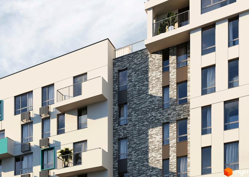 Зображення фасаду будинку Житлового комплексу Well Home з балконами та великими вікнами. Архітектура новобудови.