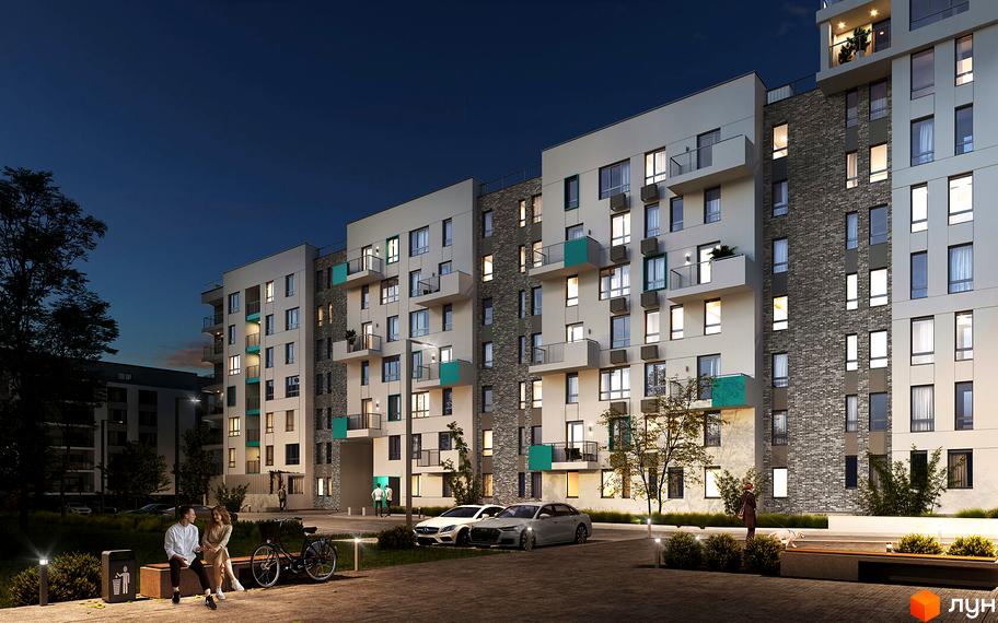 Зображення фасаду та прибудинкової території Житлового комплексу Well Home. На передньому плані люди відпочивають на лавці.