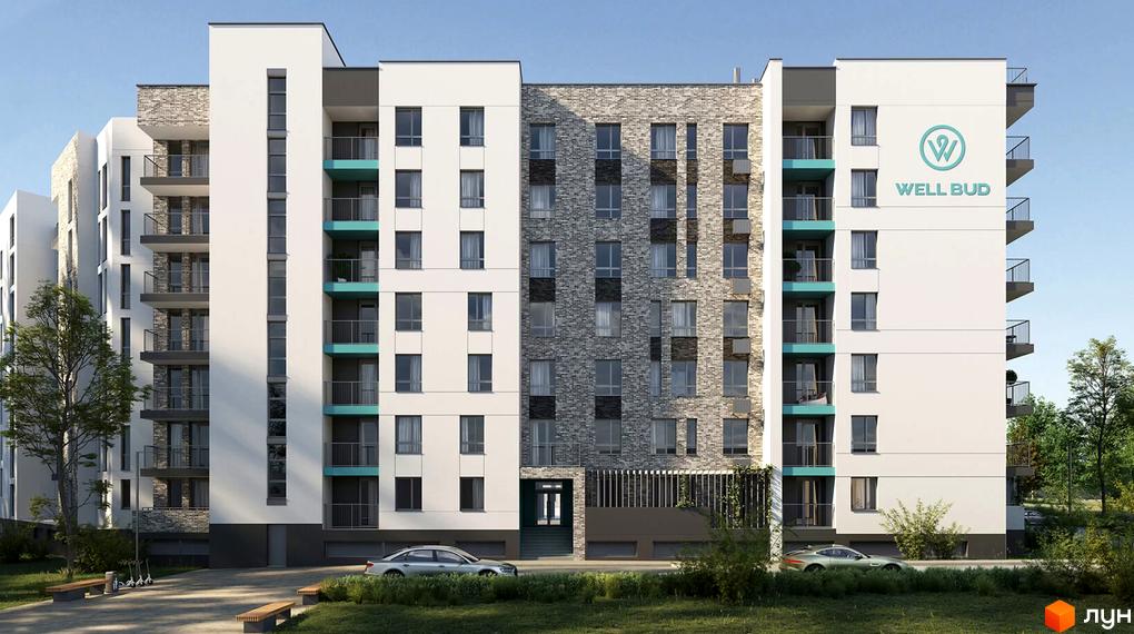 Зовнішній вигляд Житлового комплексу Well Bud з фасадом у білих та сірих тонах. На передньому плані зелена галявина та припарковані автомобілі.