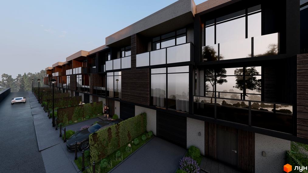 Ряд таунхаусів Avinion з темними фасадами, великими вікнами та скляними балконами. Прибудинкова територія має зелені насадження, доріжки та автомобілі.