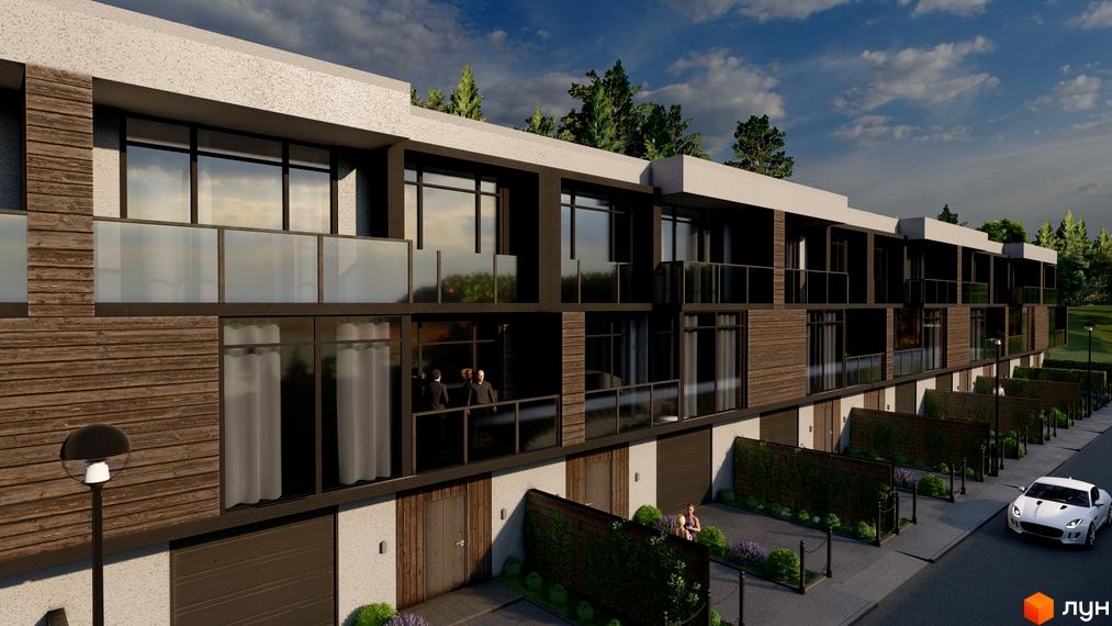 Таунхауси Avinion з дерев'яним фасадом та скляними балконами, розташовані вздовж вулиці з прибудинковою територією та зеленими насадженнями.