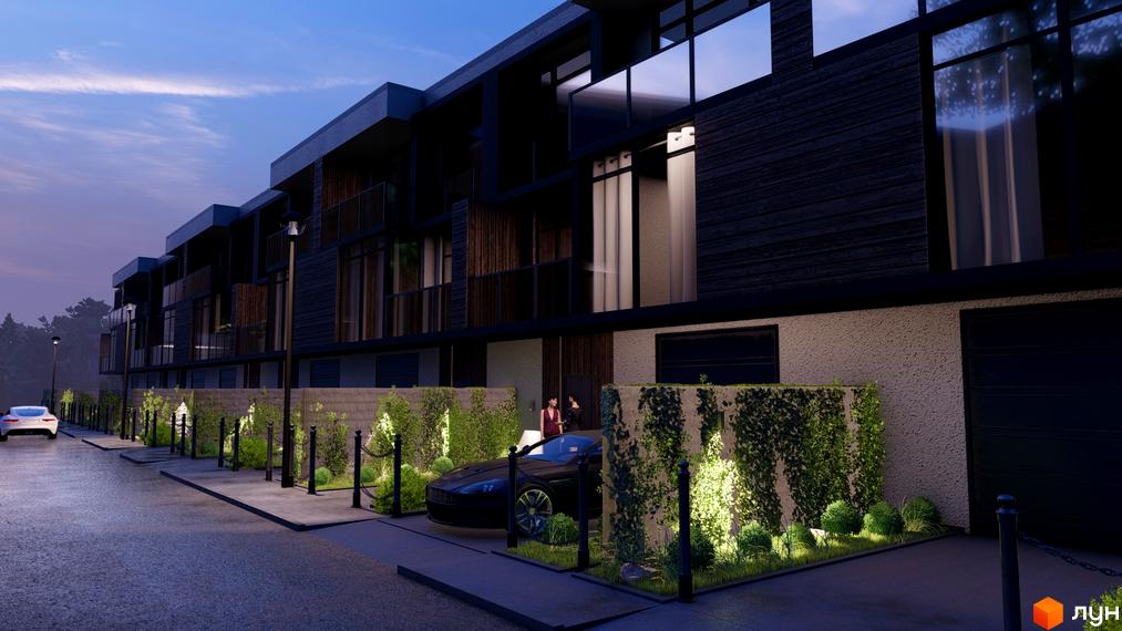 Таунхауси Avinion з темним фасадом та великими вікнами, прибудинкова територія з освітленням та зеленню. Автомобіль біля будинку.