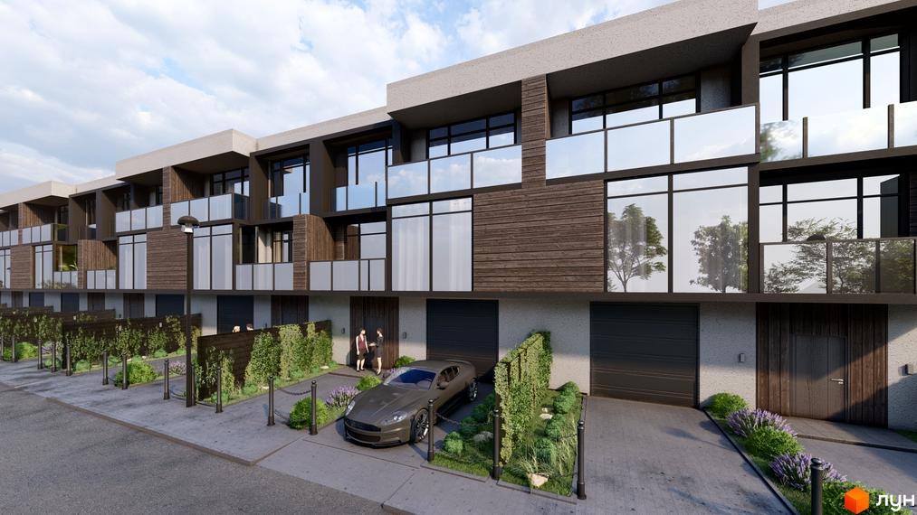 Зовнішній вигляд таунхаусів Avinion з великими вікнами та скляними балконами, прибудинкова територія з доглянутими зеленими насадженнями та автомобілем.