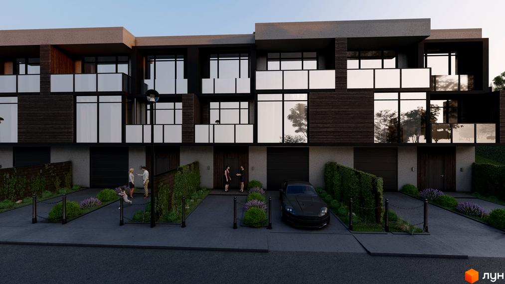 Таунхауси Avinion: фасади будинків з темним облицюванням та великими вікнами. Прибудинкова територія має доріжки, зелені огорожі та рослини.