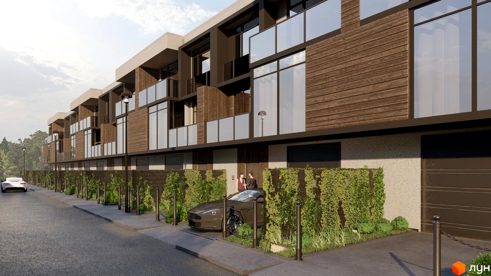 Таунхауси Avinion: ряд триповерхових будинків з дерев'яними фасадами та великими вікнами. Прибудинкова територія має зелені насадження та дорогу.