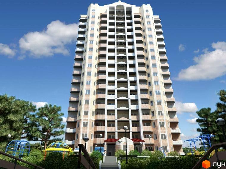 Житловий комплекс Чисті сосни з висотним будинком та прибудинковою територією, облаштованою зеленими насадженнями і дитячими майданчиками.