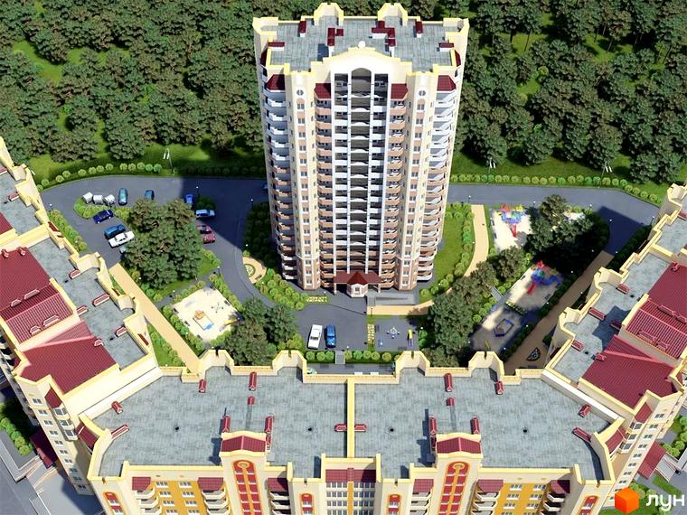 Житловий комплекс Чисті сосни з висотними будинками та прибудинковою територією, озелененням і дитячим майданчиком.