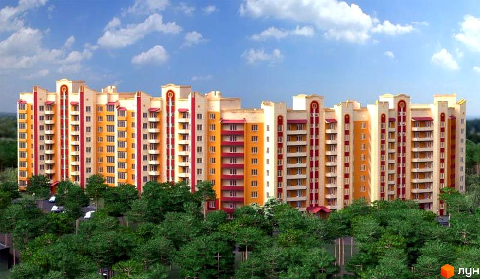 Житловий комплекс Чисті сосни з яскравими фасадами та зеленими насадженнями навколо. Простора прибудинкова територія з паркувальними місцями.