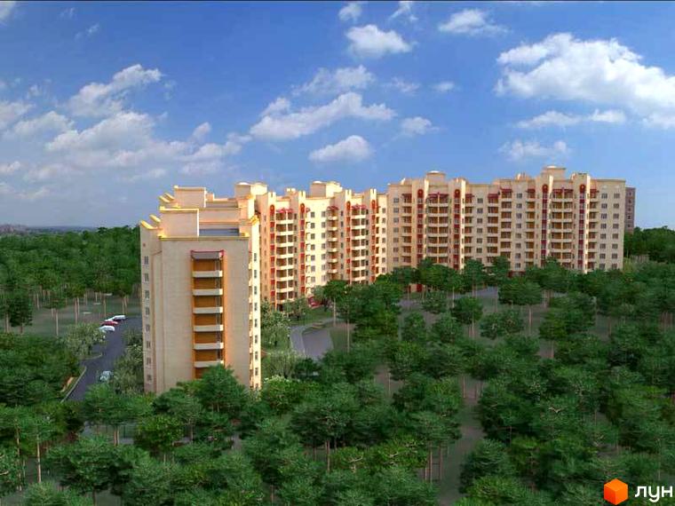 Житловий комплекс Чисті сосни з багатоповерховими будинками, оточений зеленими насадженнями та прибудинковою територією.