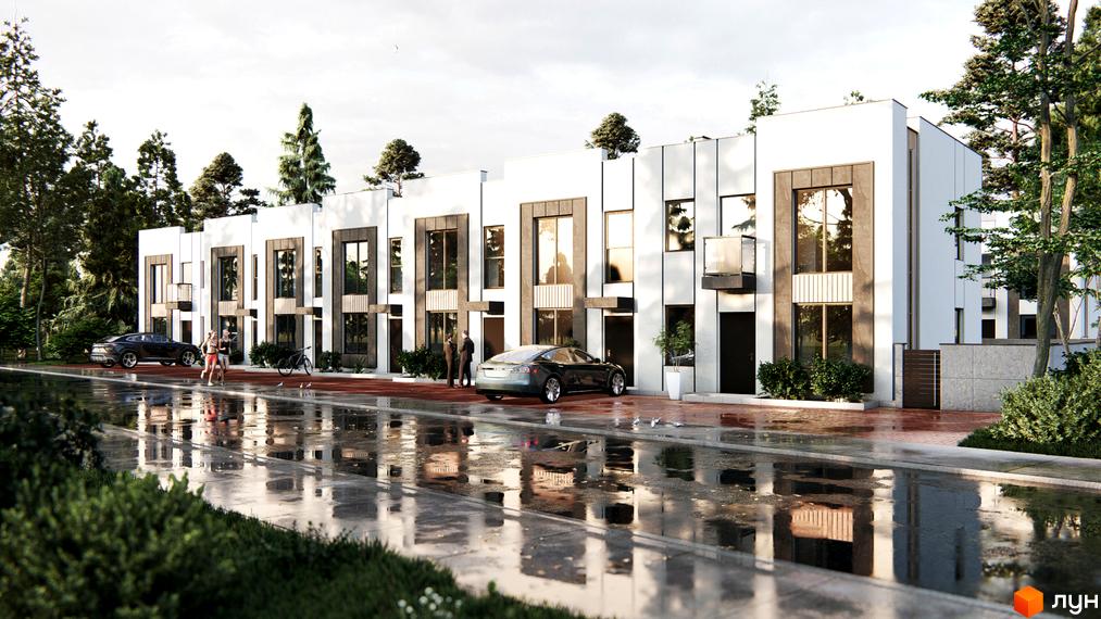 Зображення житлового комплексу Holland Park 2. Білі будинки з великими вікнами та терасами, перед будинками мокра дорога, на якій відбивається небо.