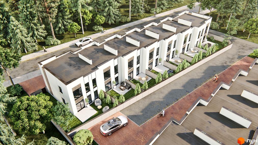 Таунхауси Holland Park 2: сучасні білі будинки з великими вікнами та пласкими дахами, оточені зеленою прибудинковою територією з деревами та зонами відпочинку.