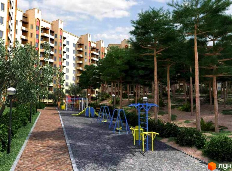 Житловий комплекс Чисті сосни з сучасними будинками та облаштованою прибудинковою територією з дитячими майданчиками.