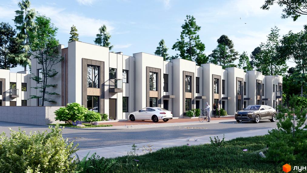 Зображення сторінки житлового комплексу Holland Park 2. Білі будинки з темними вікнами та оздобленням, перед будинками дорога, зелень та автомобілі.