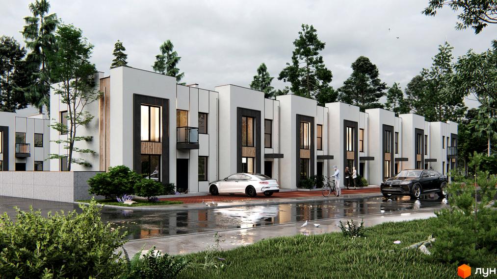 Білі таунхауси Holland Park 2 з темними вікнами та оздобленням фасаду, перед будинками припарковані автомобілі, на території зелені насадження.