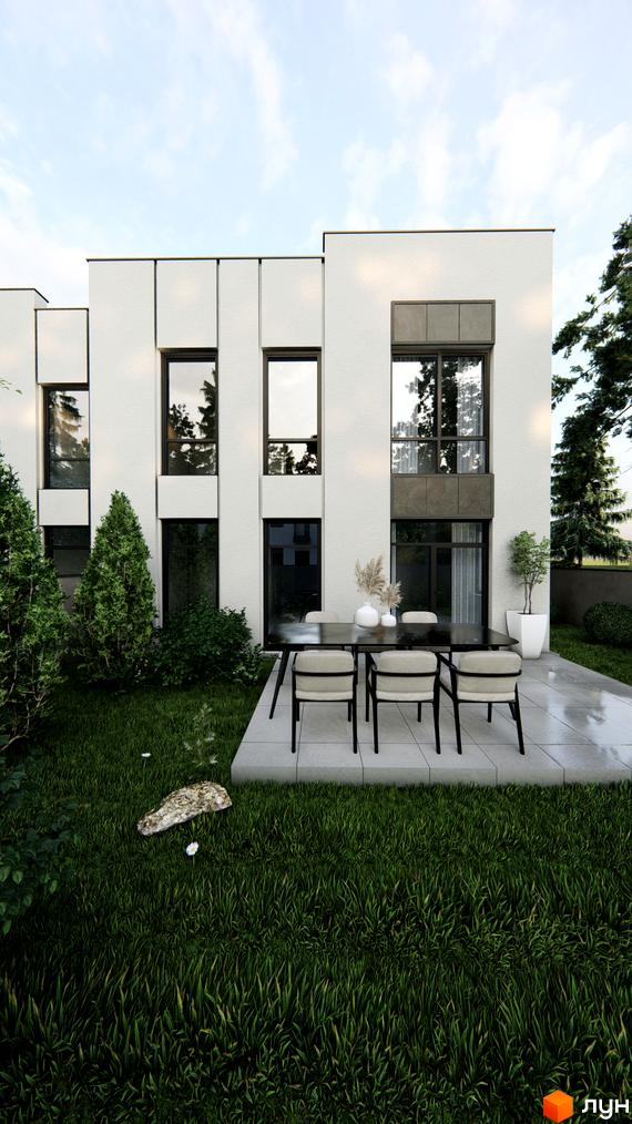 Фасад будинку Holland Park 2 з білими стінами та великими вікнами. На терасі стоїть стіл та стільці, навколо зелена трава.