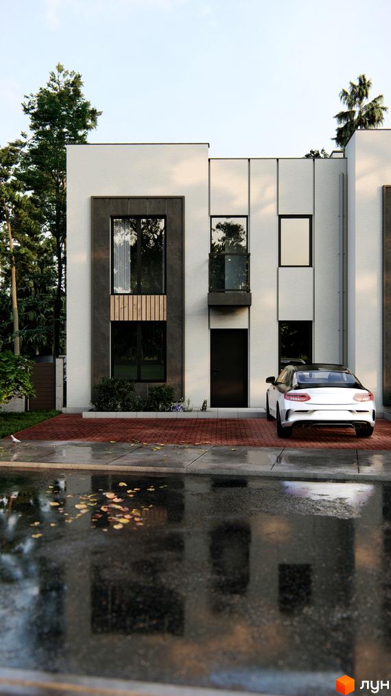 Фасад таунхауса Holland Park 2 з великими вікнами та темними акцентами. Перед будинком викладена бруківка, а на асфальті видно відблиски.