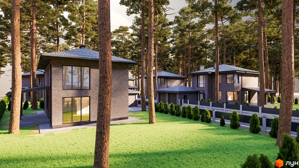 Котеджне містечко Квітневе: двоповерхові будинки з темної цегли та великими вікнами. Територія комплексу з зеленими газонами, соснами та доглянутими кущами.