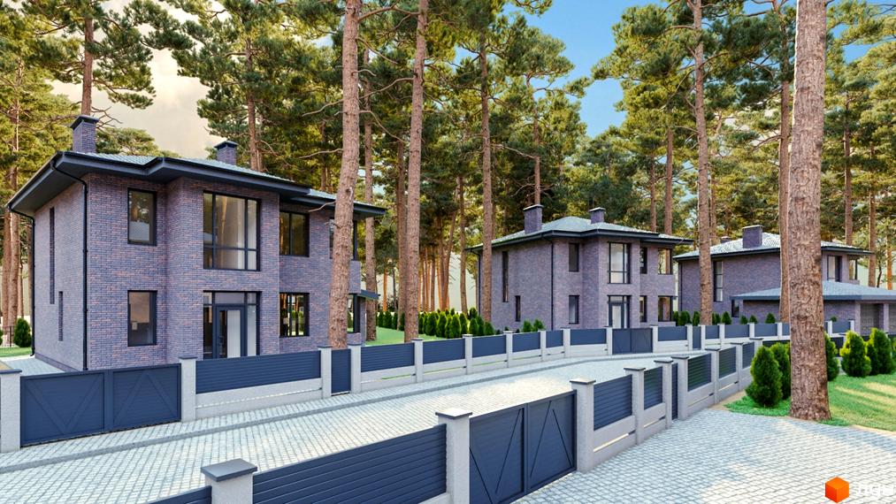 Будинки Котеджного містечка Квітневе з цегляними фасадами та великими вікнами. Територія облаштована бруківкою, огорожами та оточена соснами.