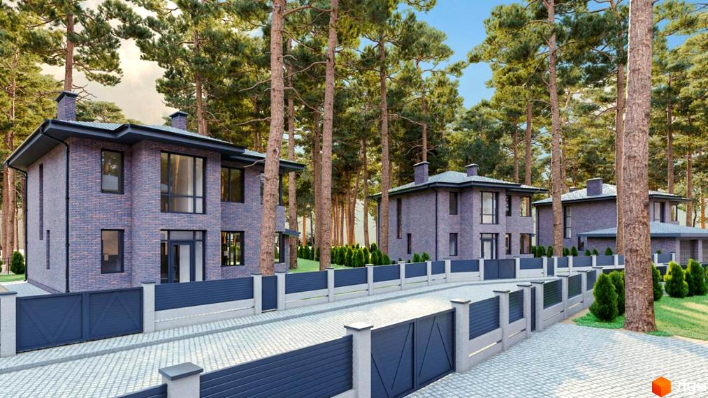 Котеджне містечко Квітневе: двоповерхові будинки з цегляним фасадом та огорожею на тлі соснового лісу. Прибудинкова територія з бруківкою та декоративними кущами.