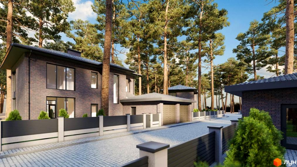 Котеджне містечко Квітневе: двоповерховий будинок з цегляним фасадом та великими вікнами, огороджена територія з бруківкою та зеленими насадженнями.