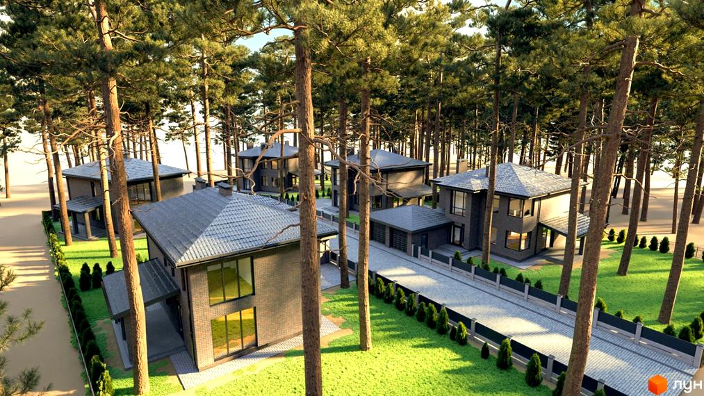 Котеджне містечко Квітневе: двоповерхові будинки з темними дахами та фасадами, оточені високими соснами та зеленими газонами.