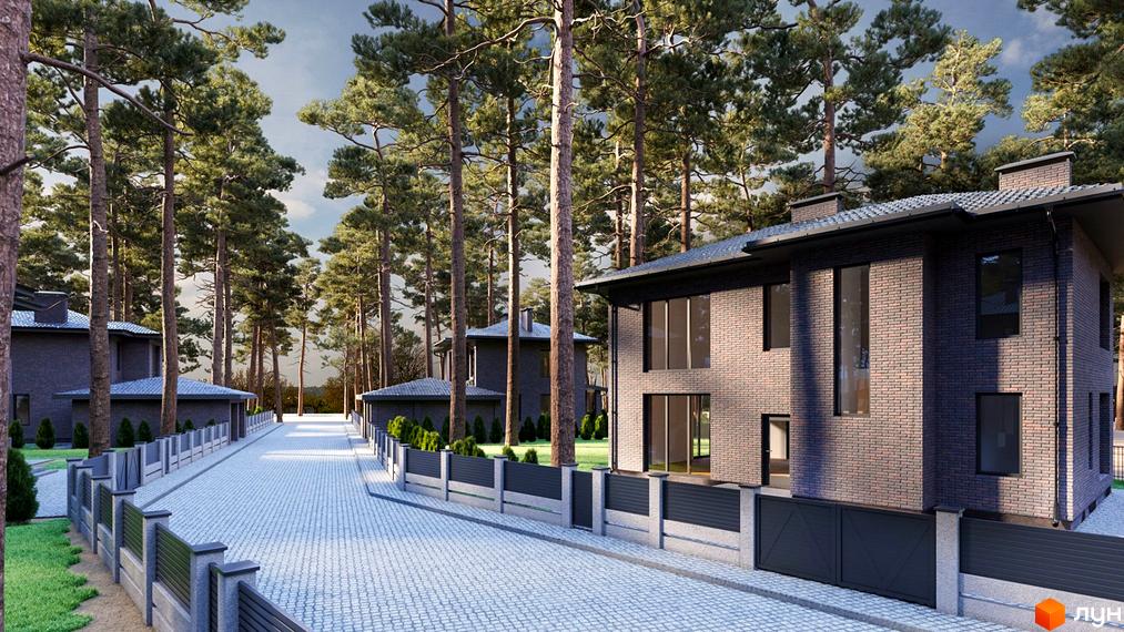 Темні цегляні будинки Котеджного містечка Квітневе з великими вікнами, оточені високими соснами та брукованою дорогою.