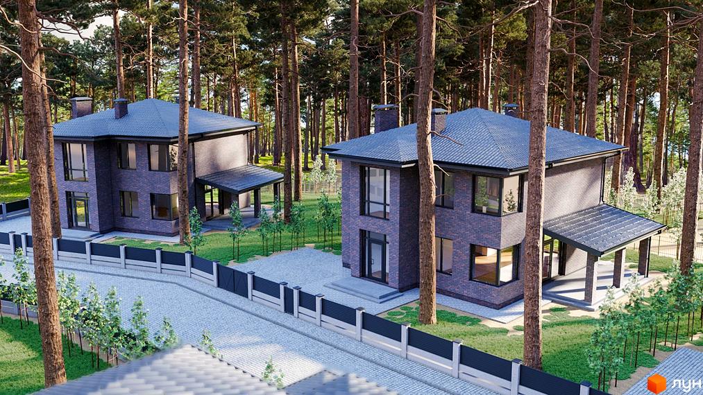 Котеджне містечко Квітневе: двоповерхові будинки з цегли в оточенні соснового лісу, з доглянутою прибудинковою територією та парканом.