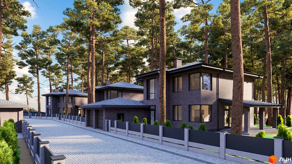 Котеджне містечко Квітневе: сучасні двоповерхові будинки з цегли, великі вікна, розташовані серед високих сосен, з брукованою дорогою та парканом.