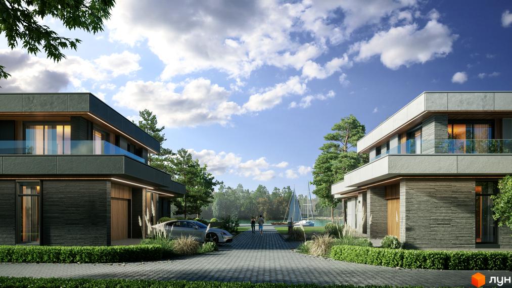 Котеджне містечко K3 Park з сучасними фасадами та великими вікнами, розташоване біля озера з яхтами та зеленою зоною.