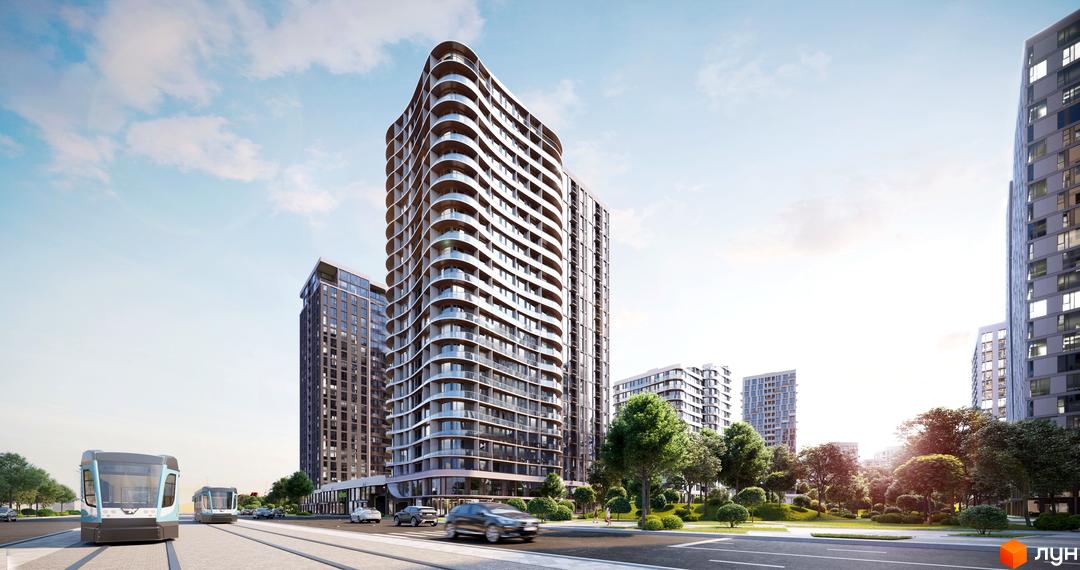 Житловий комплекс Creator City з хвилястими фасадами та скляними балконами. Навколо комплексу зелені насадження, дерева та сучасні трамваї на дорозі.