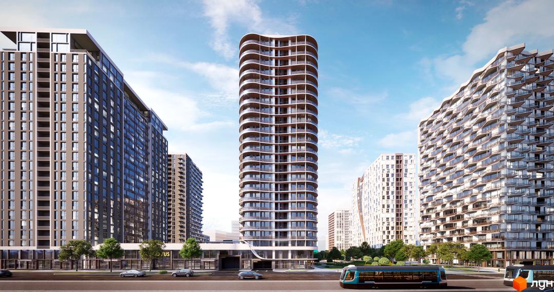 Зовнішній вигляд ЖК Creator City з хвилястими фасадами та балконами. Навколо комплексу зелені насадження та міський транспорт.