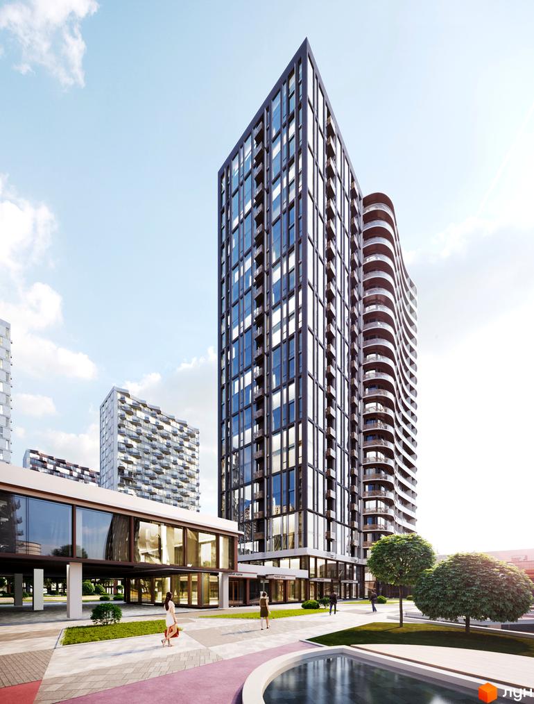 Житловий комплекс Creator City. Сучасні висотні будинки з панорамним склінням та вигнутими балконами. На прибудинковій території розташовані зелені зони та водойма.