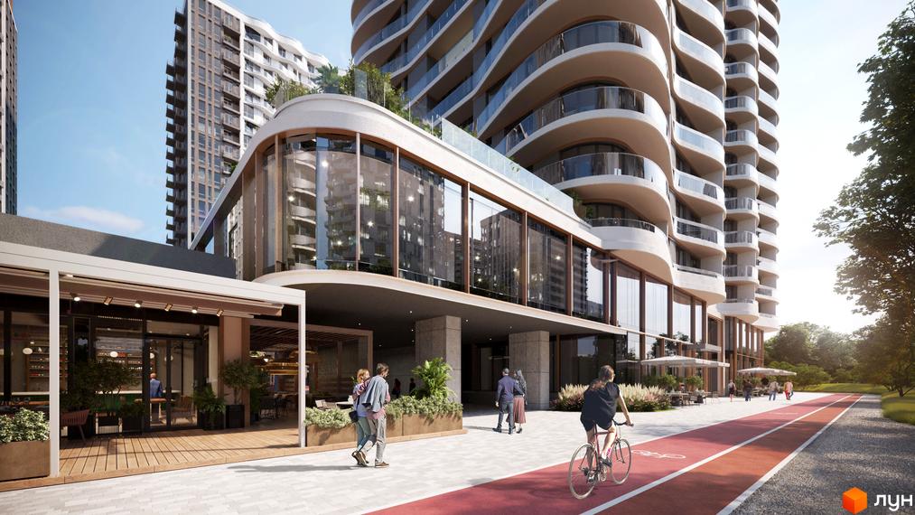 Комплекс Creator City з хвилястими балконами та скляним фасадом. Поруч розташована зона відпочинку з терасою та велодоріжкою.