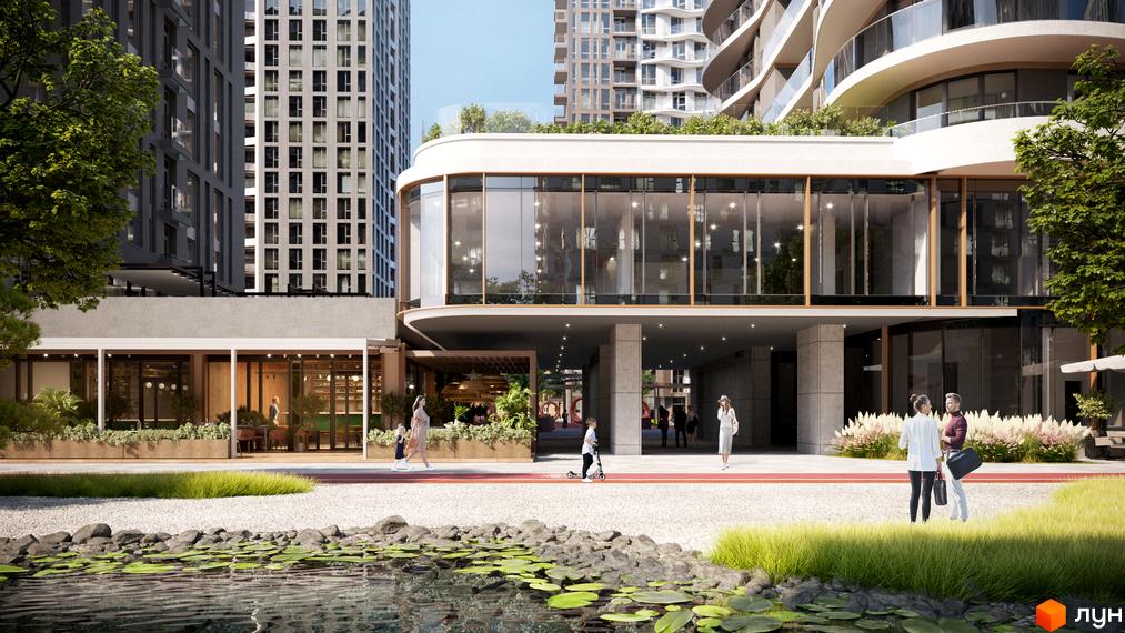 Житловий комплекс Creator City з елегантною архітектурою та доглянутою прибудинковою територією з водоймою та зеленими зонами.