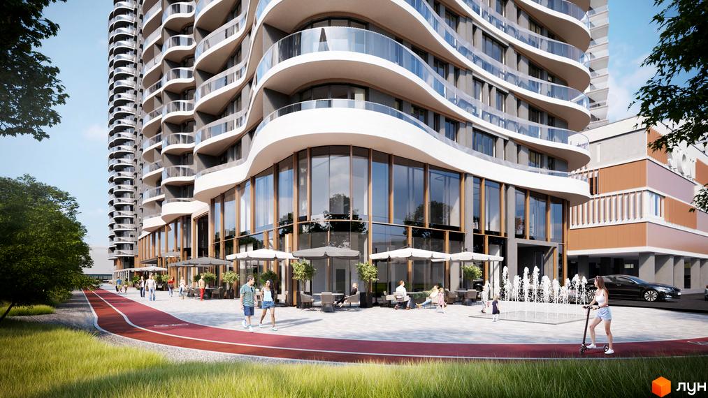Житловий комплекс Creator City з хвилястими балконами та скляним фасадом. На прибудинковій території розташовані фонтани, зона відпочинку з парасолями та доріжка для бігу.