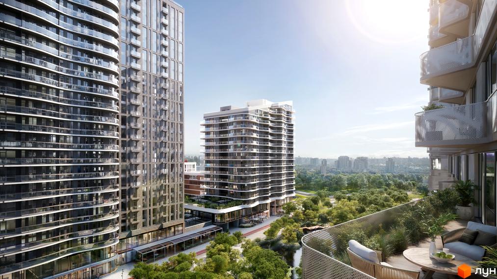 Житловий комплекс Creator City з хвилястими фасадами та балконами. Навколо комплексу зелена зона з деревами та міський пейзаж.