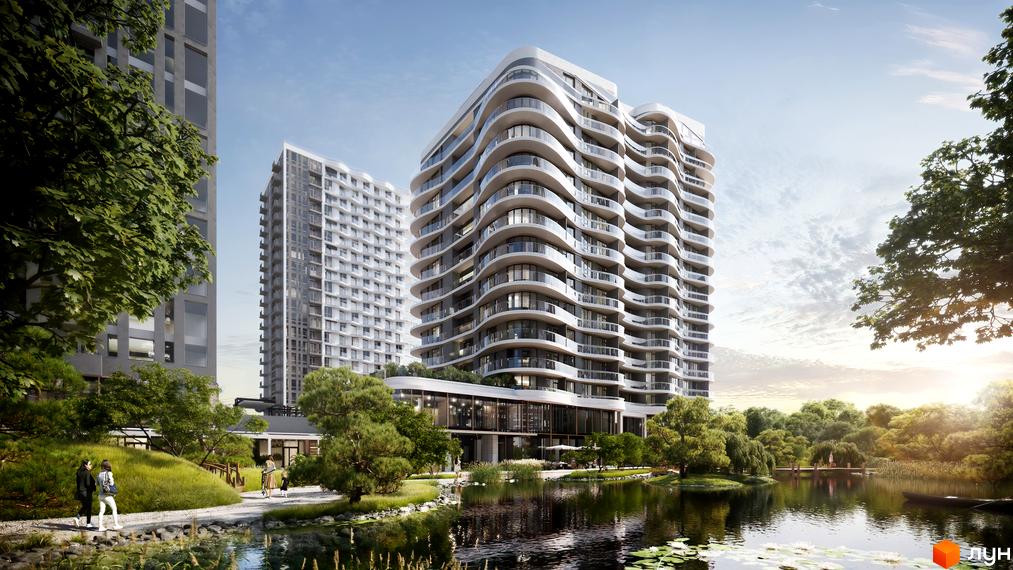 Житловий комплекс Creator City з хвилястими фасадами та скляними балконами. Навколо комплексу зелена зона з озером та доріжками для прогулянок.