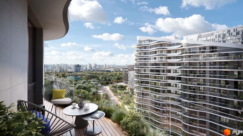Вид з балкона на ЖК Creator City з хвилястим фасадом та скляними балконами. Навколо зелена зона та міський пейзаж.