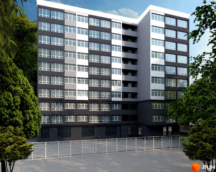 Багатоповерховий Житловий комплекс Клубний 7 з фасадом у темних, сірих та білих відтінках. Перед ним вимощений майданчик, білий паркан та зелені дерева.