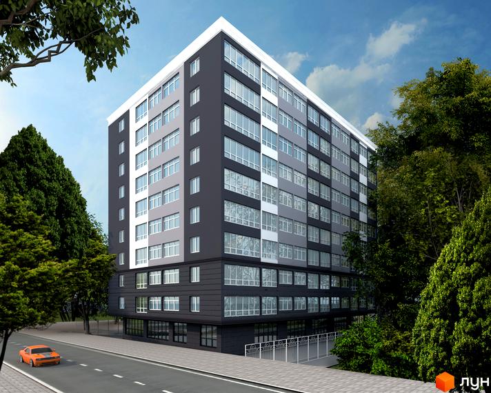 Житловий комплекс Клубний 7: багатоповерховий будинок з темно-сірим та світло-сірим фасадом, білими віконними рамами. Навколо зелені дерева та дорога.