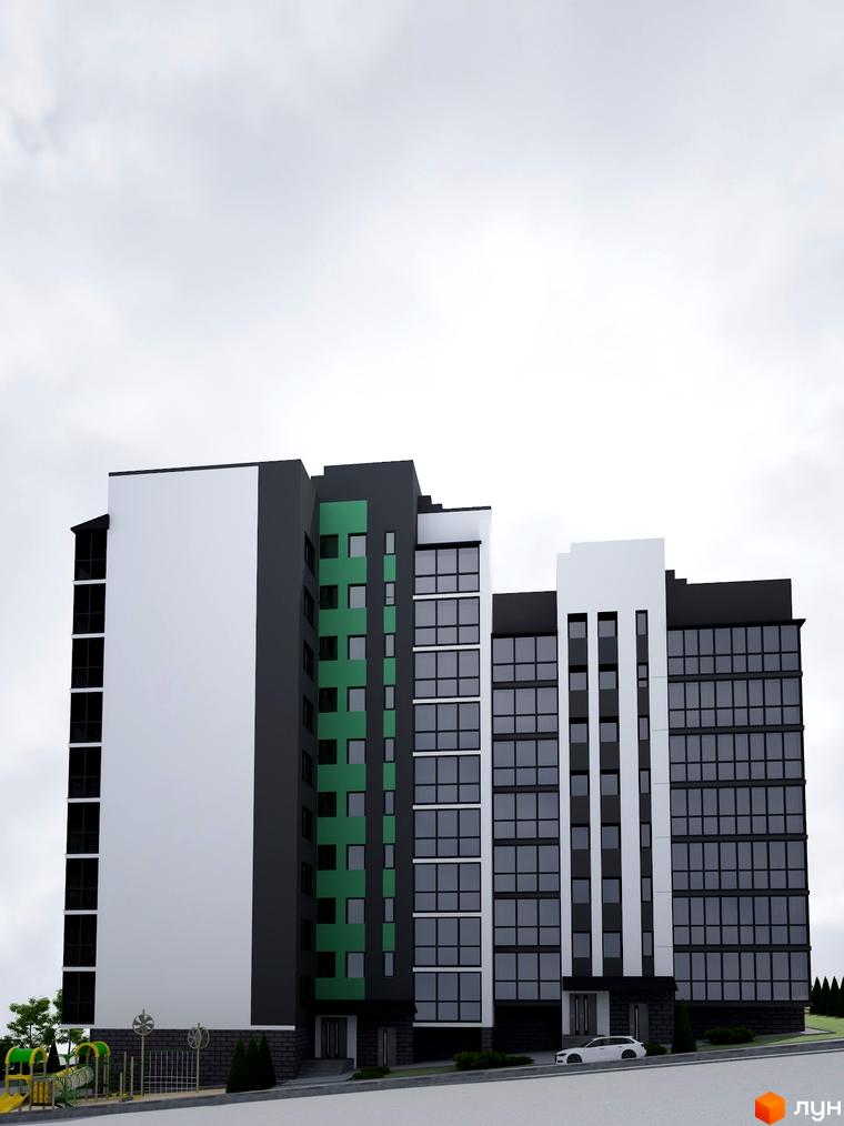 Зображення житлового комплексу Затишний Дім з багатоповерховим будинком у білих, темно-сірих та зелених кольорах. На прибудинковій території розташований дитячий майданчик.