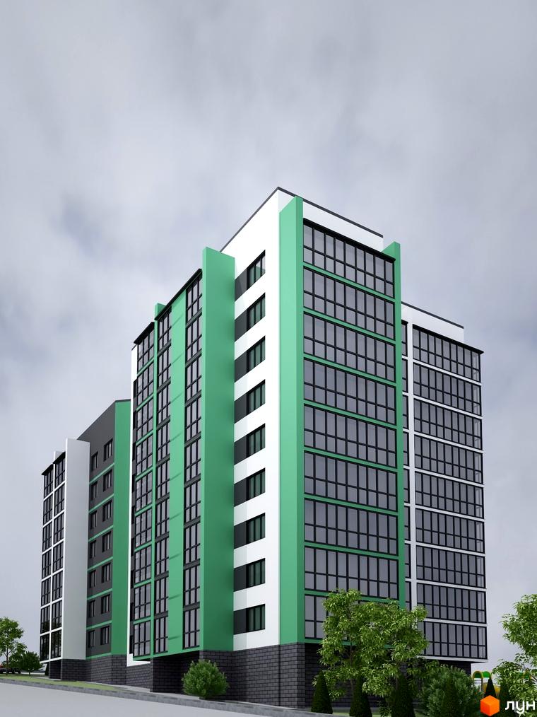 Новобудова Затишний Дім з біло-зеленим фасадом та панорамними вікнами. Прибудинкова територія озеленена деревами та кущами.