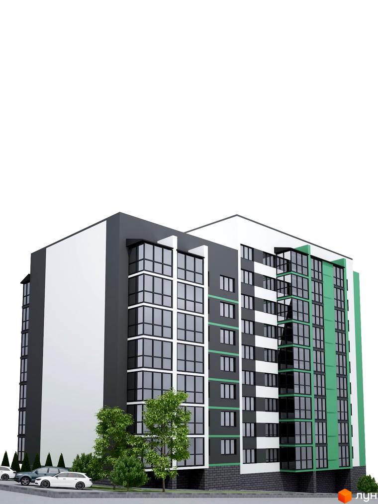 Зовнішній вигляд житлового комплексу Затишний Дім з фасадами сірого, білого та зеленого кольорів, великими вікнами та прибудинковою територією з деревами та автомобілями.